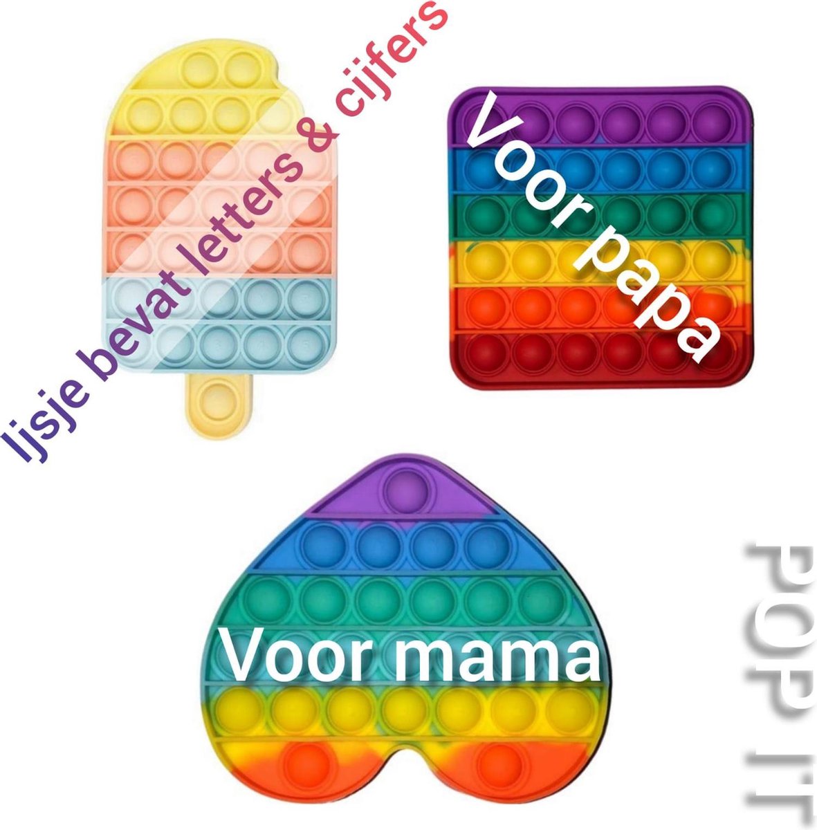 Fidget toys pakket | Set van 3 stuks | Ijsje multi color *ijsje bevat letters en cijfers + Vierkant regenboog + Hart regenboog | Hoge kwaliteit